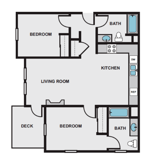 Floor plan for 2 beds, 2 baths, 890 sqft